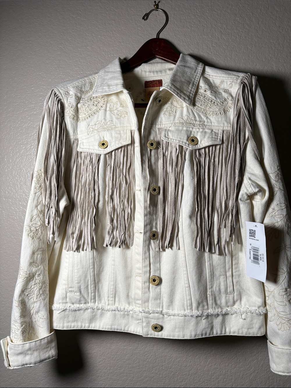 Scully Ivory Fringe Denim Jacket with Beige Tassels